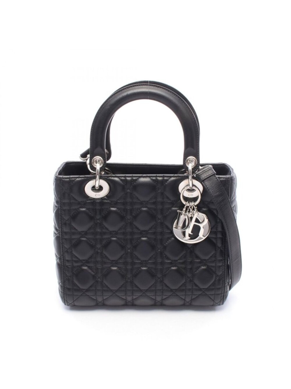Dior Handbag Lady Dior 2-Way Black Leather Tote Medium